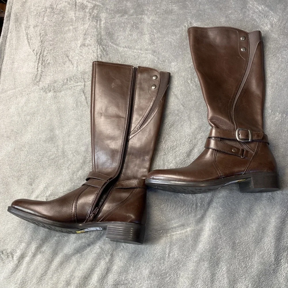 Bussola Style Boots Womens 40 Brown Leather‎ Tall Buckle Zip Riding Winter Boot